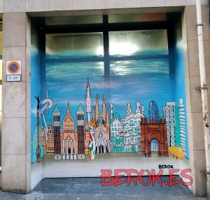 graffiti puerta cristal skyline Barcelona decoracion